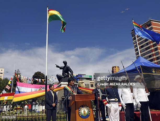 Bolivian President Evo Morales gives a speech next to Bolivia's national hero monument Eduardo Avaroa on March 23, 2010 during the 131 anniversary of...