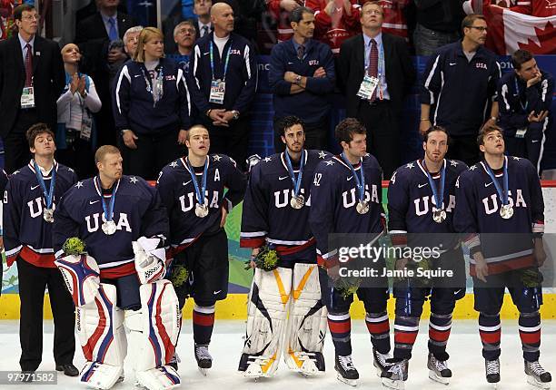 Back-up goaltender Jonathan Quick, goaltender Tim Thomas, Dustin Brown, goaltender Ryan Miller, David Backes, Brooks Orpik and Bobby Ryan of USA look...