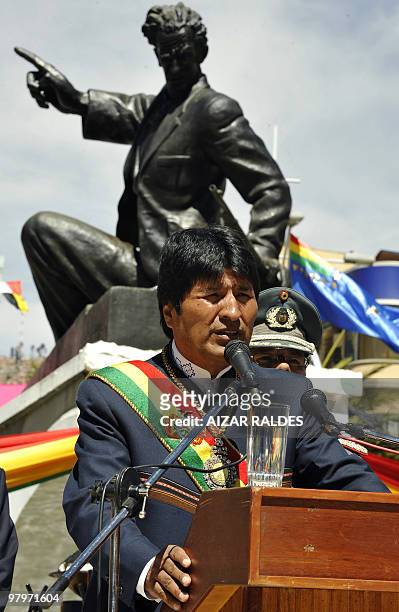 Bolivian President Evo Morales gives a speech next to Bolivia's national hero monument Eduardo Avaroa on March 23, 2010 during the 131 anniversary of...