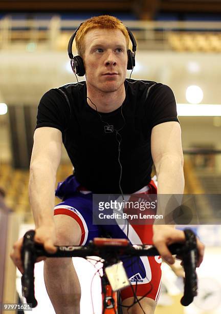 Ed Clancy of Great Britain warms up during training for the UCI Track Cycling World Championships at the Ballerup Super Arena on March 23, 2010 in...