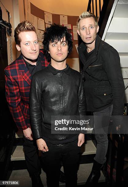 Exclusive* Tre Cool, Billie Joe Armstrong and Mike Dirnt of Green Day backstage during the "American Idiot" final soundcheck at St. James Theatre on...