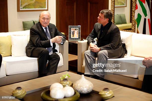 King Abdullah II of Jordan welcomes FIFA President Joseph S. Blatter , at the Royal Palace on March 23, 2010 in Amman, Jordan. Blatter, who is on a...