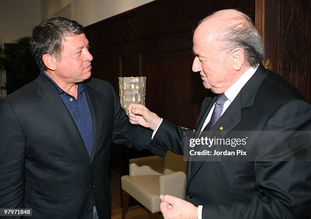 King Abdullah II of Jordan welcomes FIFA President Joseph S. Blatter , at the Royal Palace on March 23, 2010 in Amman, Jordan. Blatter, who is on a...