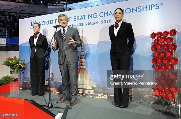 The mayor of the city of Turin Sergio Chiamparino during the open ceremony at the the 2010 ISU World Figure Skating Championships on March 23, 2010...