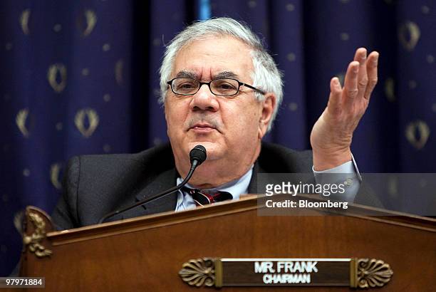 Representative Barney Frank, a Democrat from Massachusetts, questions U.S. Treasury Secretary Timothy Geithner during a House Financial Services...