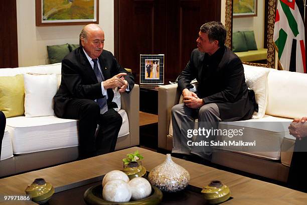 King Abdullah II of Jordan welcomes FIFA President Joseph S. Blatter , at the Royal Palace on March 23, 2010 in Amman, Jordan. Blatter, who is on a...