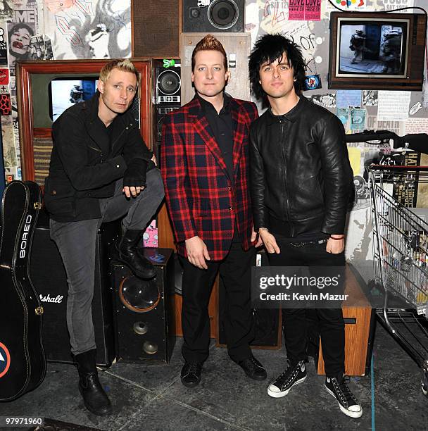 Exclusive* Mike Dirnt, Tre Cool and Billie Joe Armstrong of Green Day backstage during the "American Idiot" final soundcheck at St. James Theatre on...