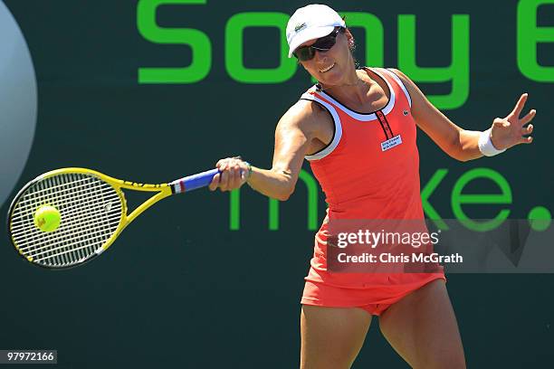 Yaroslava Shvedova of Kazakhstan hits a forehand against Ajla Tomljanovic of Croatia during play on day one of the Sony Ericsson Open at Crandon Park...