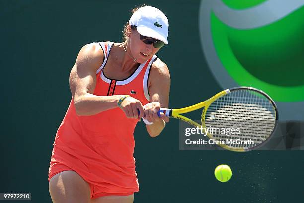 Yaroslava Shvedova of Kazakhstan hits a backhand against Ajla Tomljanovic of Croatia during play on day one of the Sony Ericsson Open at Crandon Park...