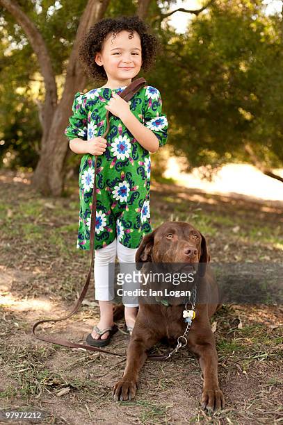 young girl with her chocolate labrador retriever - chocolate labrador ストックフォトと画像