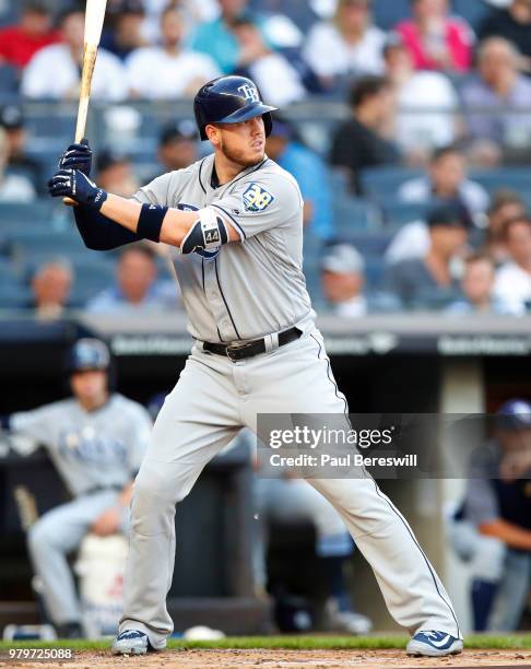 Cron of the Tampa Bay Rays bats in an MLB baseball game against the New York Yankees on June 14, 2018 at Yankee Stadium in the Bronx borough of New...