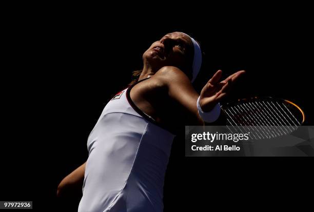 Polona Hercog of Slovakia serves to Barbora Zahlavova Strycova of the Ukraine during day one of the Sony Ericsson Open at Crandon Park Tennis Center...