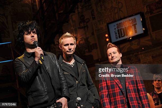 Musicians Billie Joe Armstrong, Mike Dirnt and Tre Cool of the band Green Day attend the cast of Broadway's "American Idiot" final sound check at St....