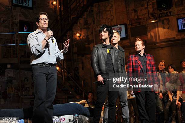 Director Michael Mayer, musicians Billie Joe Armstrong, Mike Dirnt and Tre Cool of the band Green Day attend the cast of Broadway's "American Idiot"...