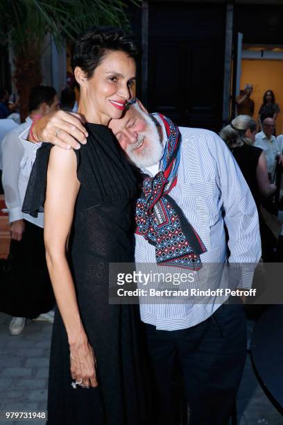 Farida Khelfa and Bruce Weber attend photographer Bruce Weber signs the book "Azzedine, Bruce and Joe" at Galerie Azzedine Alaia on June 20, 2018 in...