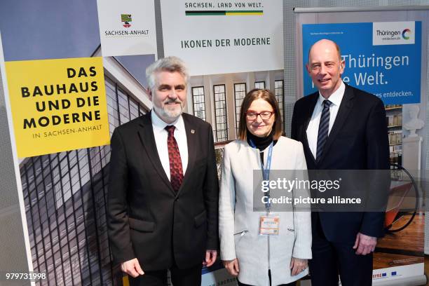 March 2018, Germany, Berlin: Wolfgang Tiefensee of the Social Democratic Party , Economics Minister of Thuringia, Barbara Meyer, head of the...