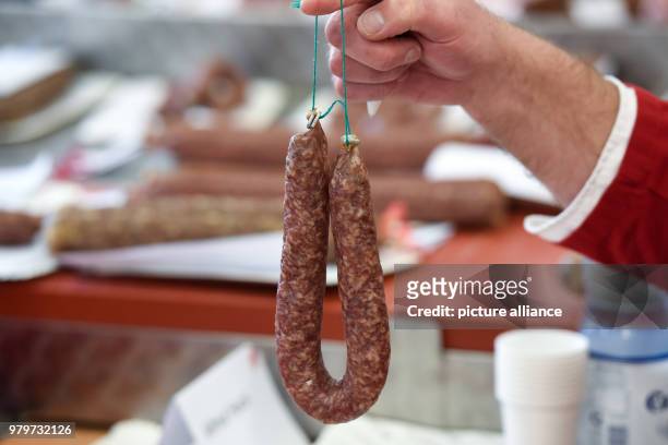 March 2018, Germany, Kassel: An Ahle wurst , a so-called 'Runde' , hanginf from the fingers of a tester. The testers are searching for the best North...