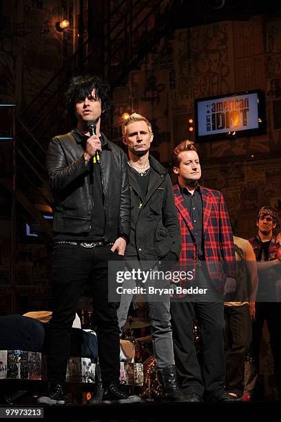 Musicians Billie Joe Armstrong, Mike Dirnt and Tre Cool of the band Green Day attend the cast of Broadway's "American Idiot" final sound check at St....