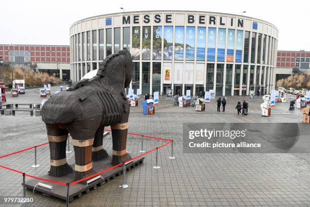 Replica of the Trojan horse stands as advertisement for Turkey at the entrance of the International Tourism Fair , in Berlin, Germany, 08 March 2018....