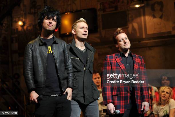 Musicians Billie Joe Armstrong, Mike Dirnt and Tre Cool of the band Green Day attend the cast of Broadway's "American Idiot" final sound check at St....