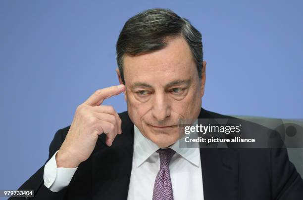 March 2018, Germany, Frankfurt: Mario Draghi, President of the European Central Bank , speaking during the press conference at the ECB headquarters....