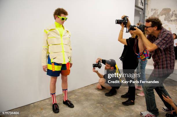 Model poses backstage prior to the Walter Van Beirendonck Menswear Spring Summer 2019 show as part of Paris Fashion Week on June 20, 2018 in Paris,...