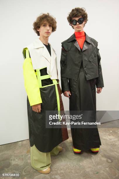 Model pose backstage prior to the Walter Van Beirendonck Menswear Spring Summer 2019 show as part of Paris Fashion Week on June 20, 2018 in Paris,...