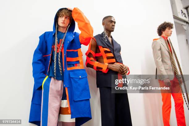 Model pose backstage prior to the Walter Van Beirendonck Menswear Spring Summer 2019 show as part of Paris Fashion Week on June 20, 2018 in Paris,...