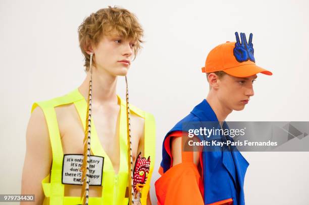 Model pose backstage prior to the Walter Van Beirendonck Menswear Spring Summer 2019 show as part of Paris Fashion Week on June 20, 2018 in Paris,...