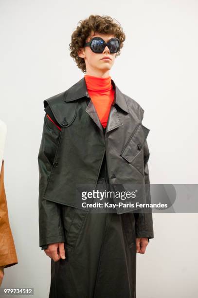 Model poses backstage prior to the Walter Van Beirendonck Menswear Spring Summer 2019 show as part of Paris Fashion Week on June 20, 2018 in Paris,...