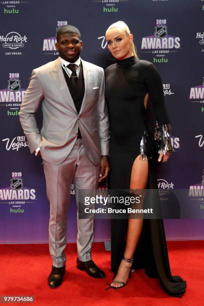 Subban of the Nashville Predators poses with skier Lindsey Vonn as they arrive at the 2018 NHL Awards presented by Hulu at the Hard Rock Hotel &...