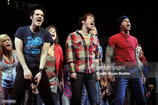 The cast peform onstage during Broadway's "American Idiot" final sound check at St. James Theatre on March 23, 2010 in New York City.