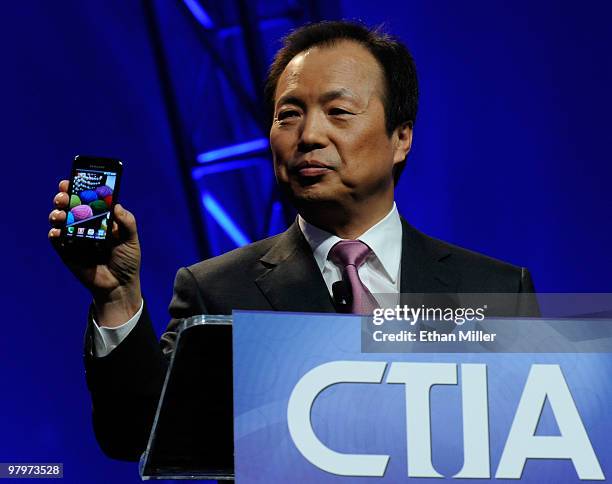 President of Mobile Communications Business for Samsung Electronics Co., Ltd. J.K. Shin unveils a new Samsung Galaxy S Android smartphone during his...