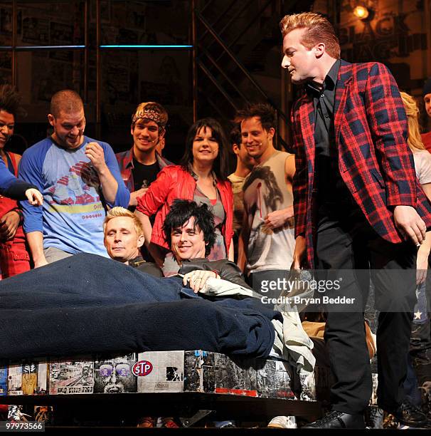 Musicians Mike Dirnt, Billie Joe Armstrong and Tre Cool of the band Green Day attend the cast of Broadway's "American Idiot" final sound check at St....