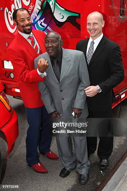 Legend Walt 'Clyde' Frazier, Former boxing champion Emile Griffith and Former New York Rangers hockey player Adam Graves attend the MSG & Coca-Cola...