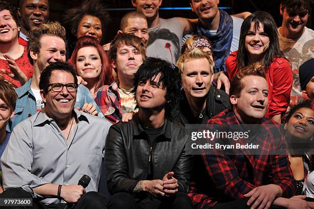 Director Michael Mayer, musicians Billie Joe Armstrong, Mike Dirnt and Tre Cool of the band Green Day attend the cast of Broadway's "American Idiot"...