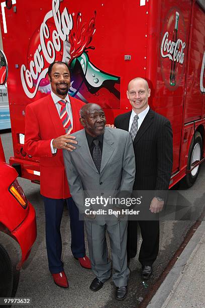 Legend Walt 'Clyde' Frazier, Former boxing champion Emile Griffith and Former New York Rangers hockey player Adam Graves attend the MSG & Coca-Cola...