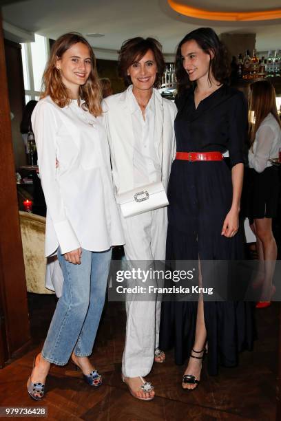 Ines de la Fressange and her daughters Violette D'Urso and Nine D'Urso attend the 'Roger Vivier Loves Berlin' event at Soho House on June 20, 2018 in...