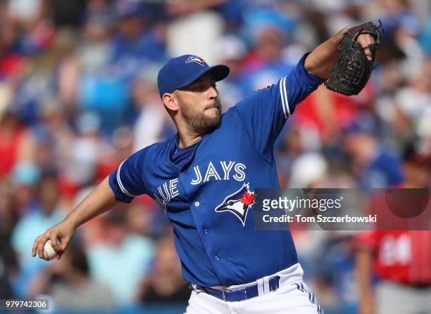 Marco Estrada of the Toronto Blue Jays delivers a pitch in the fifth inning during MLB game action against the Washington Nationals at Rogers Centre...
