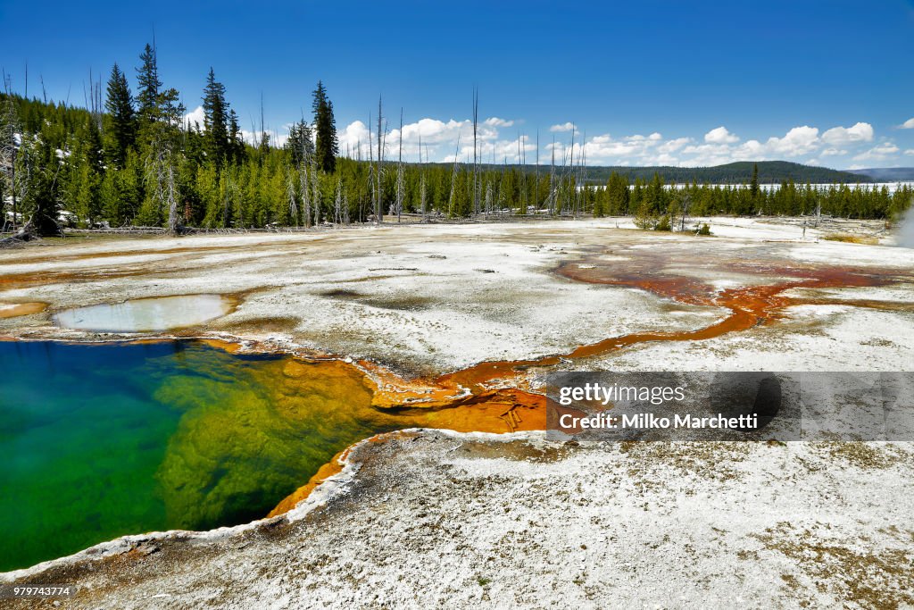 Yellowstone Lake on sunny day, Yellowstone National Park, Teton County, Wyoming, USA