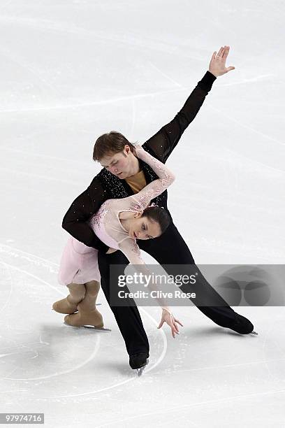 Vera Bazarova and Yuri Larionov of Russia compete in the Pairs Short Program during the 2010 ISU World Figure Skating Championships on March 23, 2010...