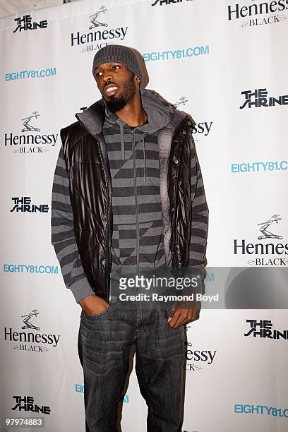 Chicago Bulls basketball player Hakim Warrick poses on the black carpet at The Shrine in Chicago, Illinois on MARCH 18, 2010.