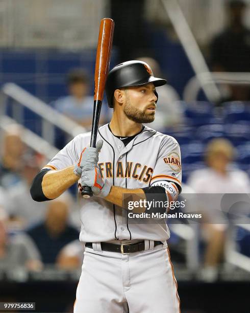 Mac Williamson of the San Francisco Giants in action against the Miami Marlins at Marlins Park on June 14, 2018 in Miami, Florida.