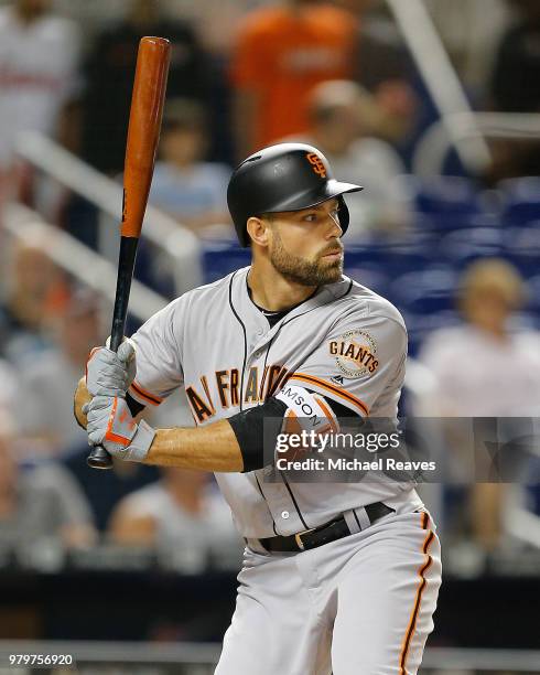 Mac Williamson of the San Francisco Giants in action against the Miami Marlins at Marlins Park on June 14, 2018 in Miami, Florida.