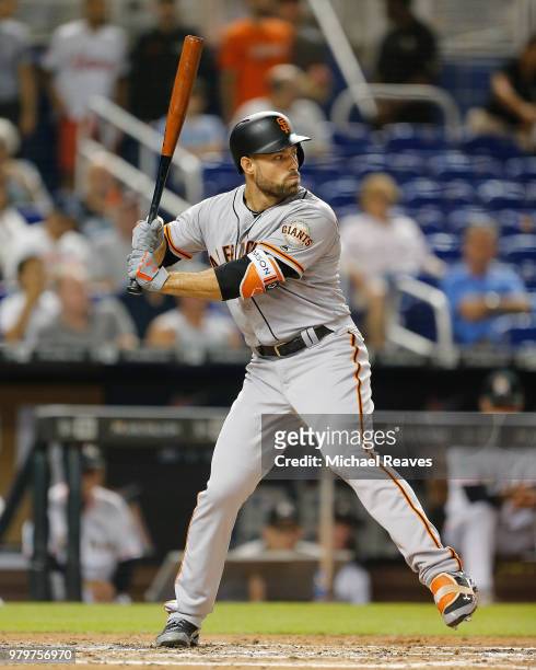 Mac Williamson of the San Francisco Giants at bat against the Miami Marlins at Marlins Park on June 14, 2018 in Miami, Florida.