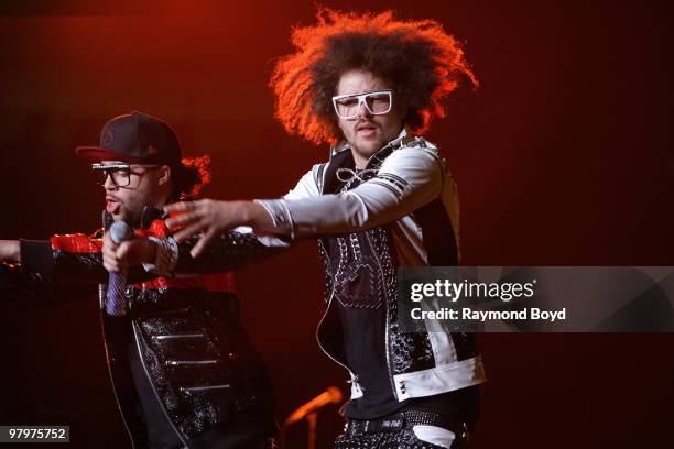 Rappers Sky Blu and Redfoo of LMFAO performs at the United Center in Chicago, Illinois on MARCH 13, 2010.