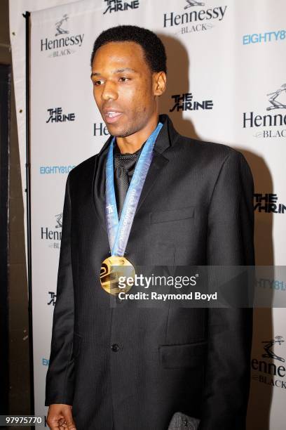 Olympic gold medalist, skater Shani Davis poses on the black carpet at The Shrine in Chicago, Illinois on MARCH 18, 2010.