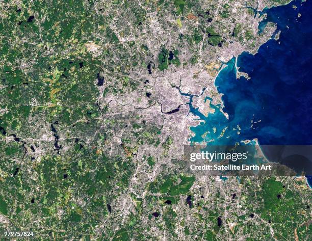 satellite image of boston, massachusetts, usa - satellitenaufnahme stock-fotos und bilder