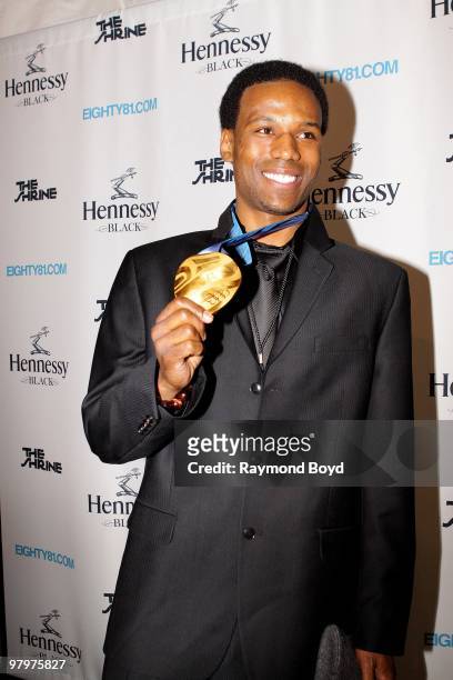 Olympic gold medalist, skater Shani Davis poses on the black carpet at The Shrine in Chicago, Illinois on MARCH 18, 2010.