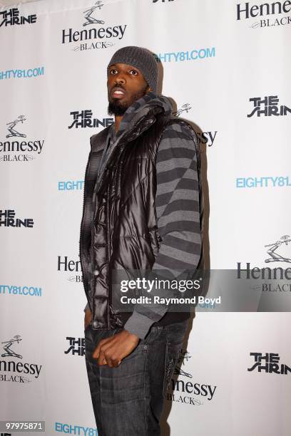 Chicago Bulls basketball player Hakim Warrick poses on the black carpet at The Shrine in Chicago, Illinois on MARCH 18, 2010.